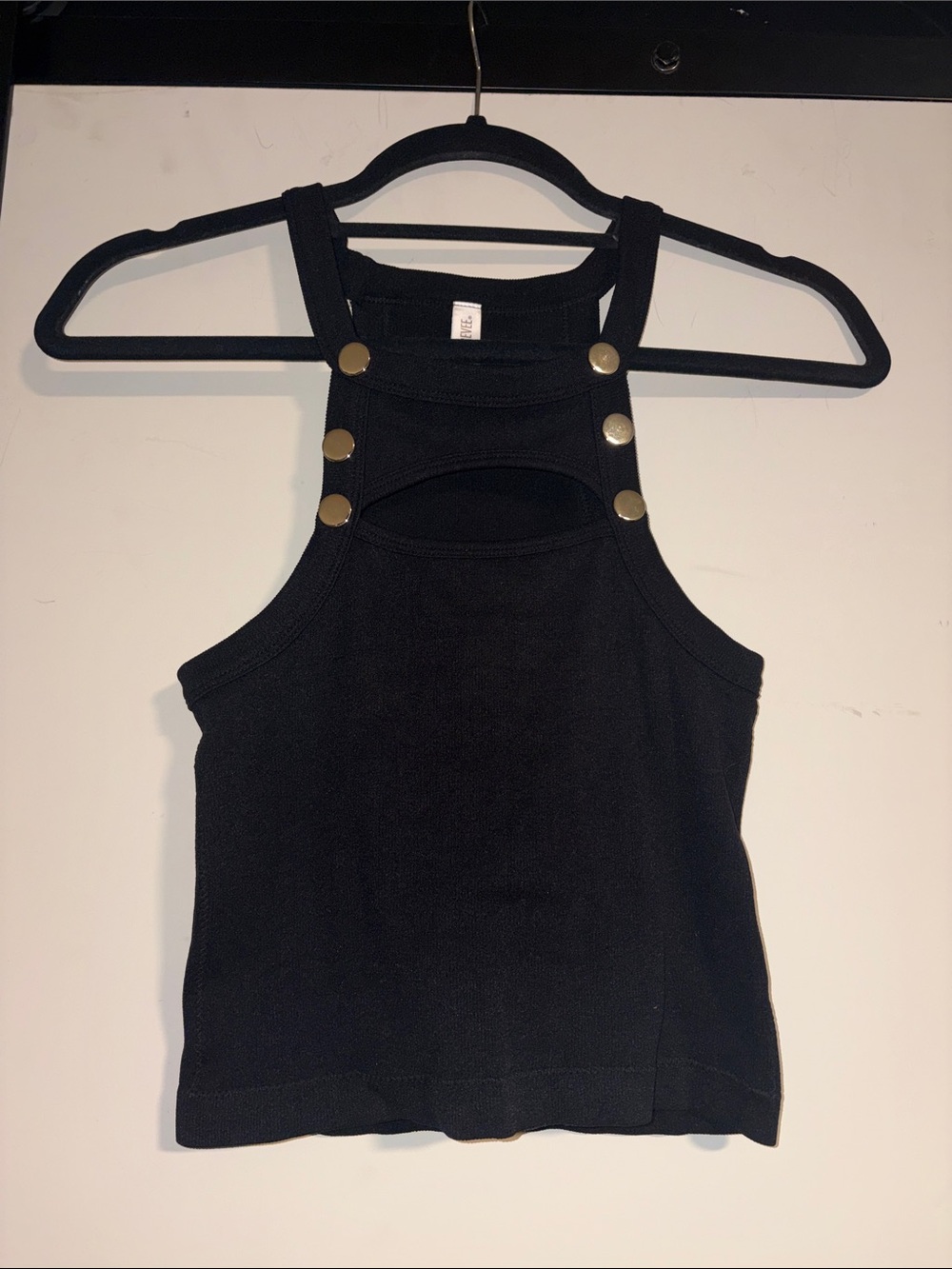 Black Halter Tank Top with Gold Button Details